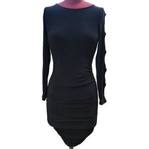 Ramy Brook XS Bodycon Dress Ruched Knit Cutout Long Sleeve Wide Neck Mini